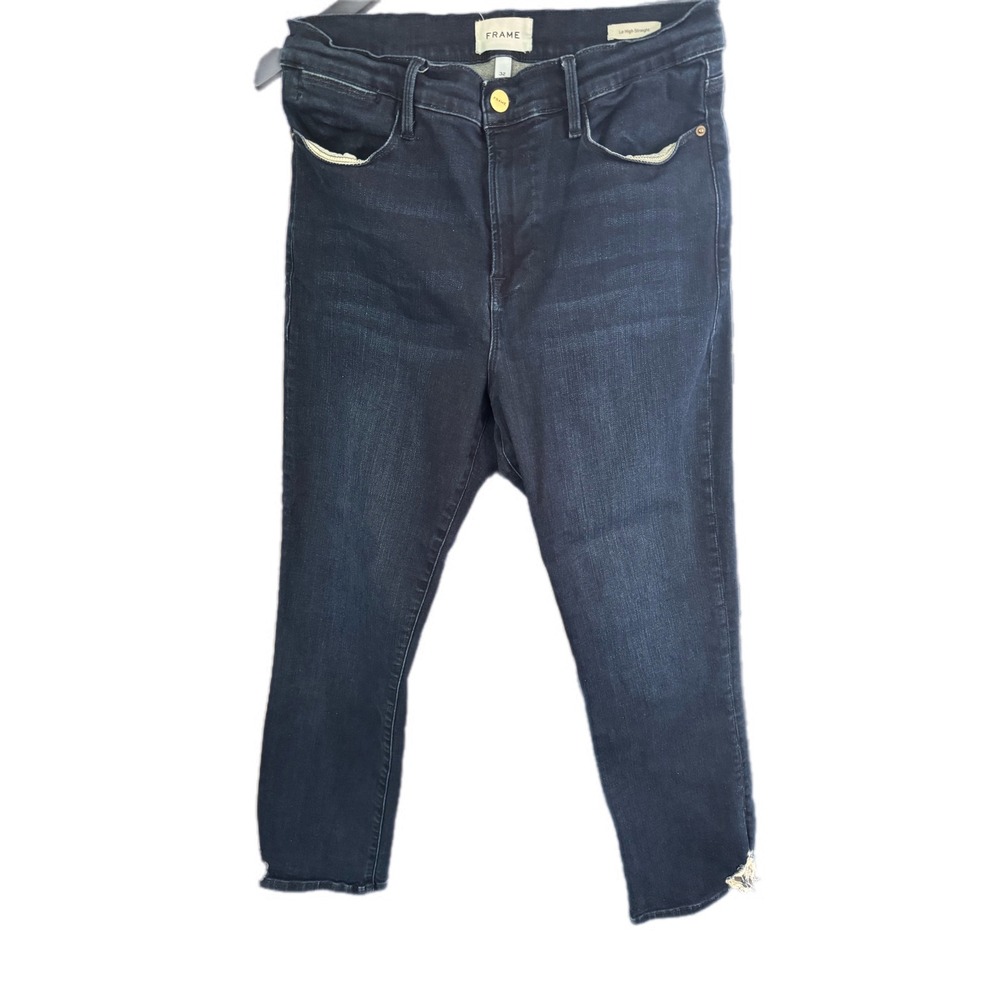 FRAME Le High Straight Jeans 32 Dark Wash High Rise Raw Hem Distressed - Picture 2 of 5